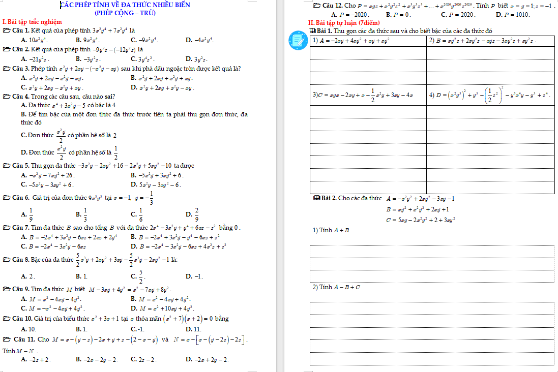 Phiếu bài tập Toán 8: Các phép tính về đa thức nhiều biến (phép cộng – trừ)