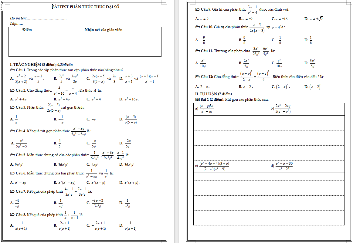Bài kiểm tra phân thức thức đại số