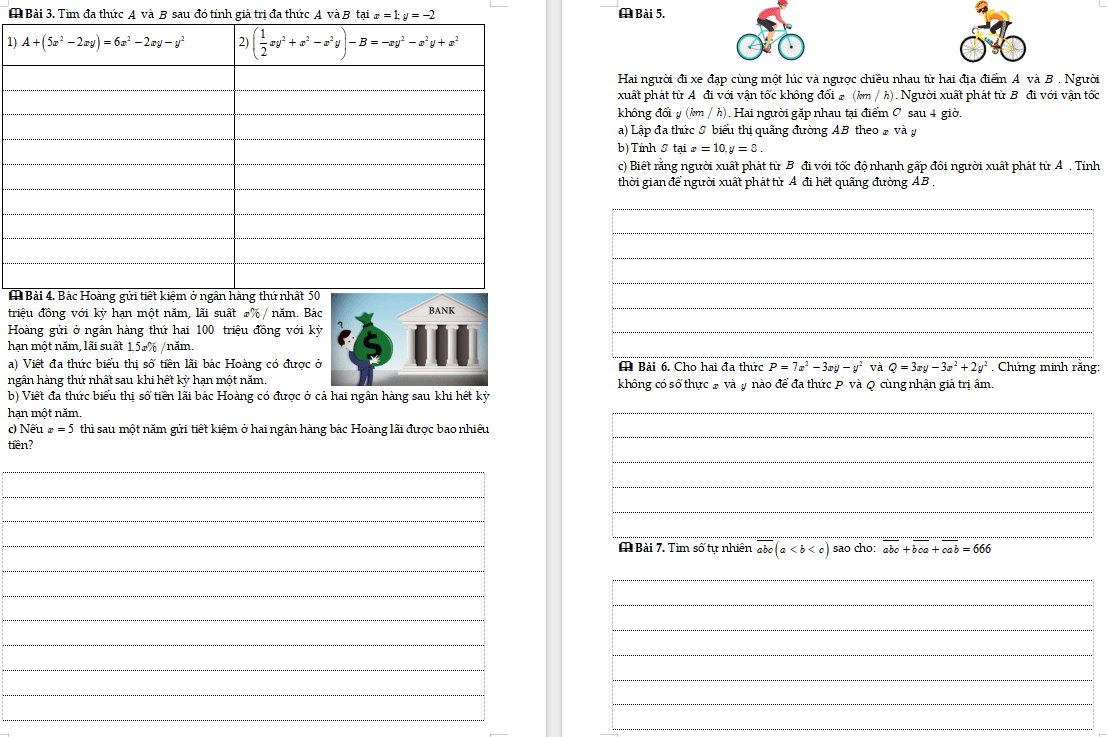 Phiếu bài tập Toán 8: Các phép tính về đa thức nhiều biến (phép cộng – trừ)