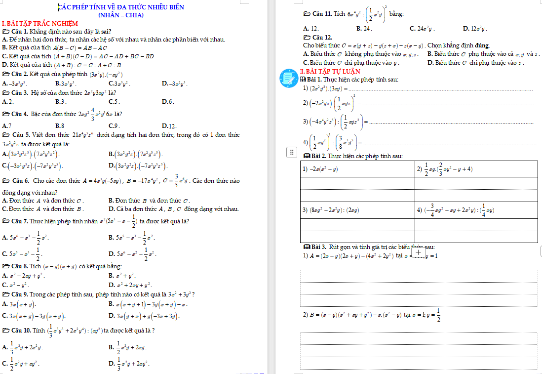 Phiếu bài tập Toán 8: Các phép tính về đa thức nhiều biến (nhân chia)