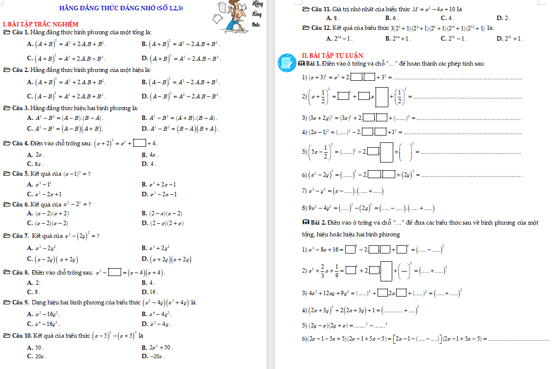 Hằng đẳng thức đáng nhớ (số 1 – 2 – 3)