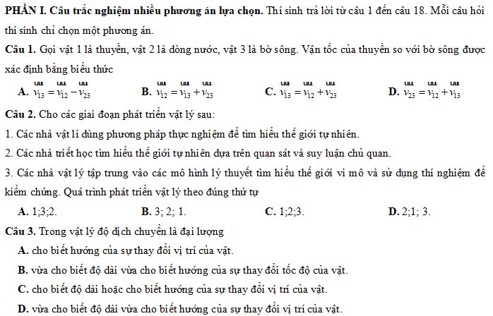 Đề thi Giữa học kì 1 môn Vật lý lớp 10