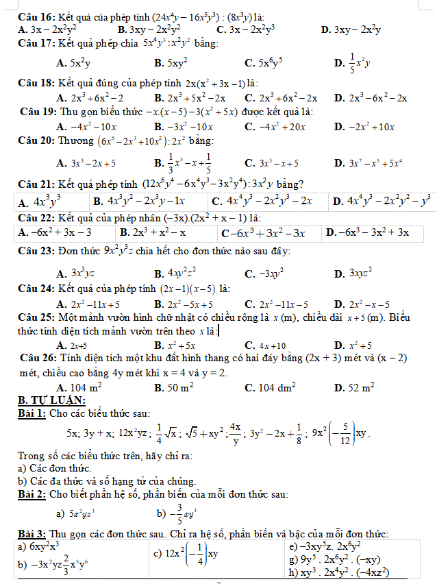 Phiếu bài tập trắc nghiệm và tự luận Toán 8