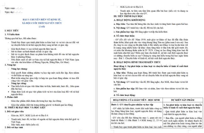 Giáo án Lịch sử 6 Bài 5: Chuyển biến về kinh tế, xã hội cuối thời nguyên thủy