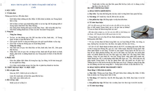 Giáo án Lịch sử 6 Bài 8: Trung Quốc từ thời cổ đại đến thế kỉ VII