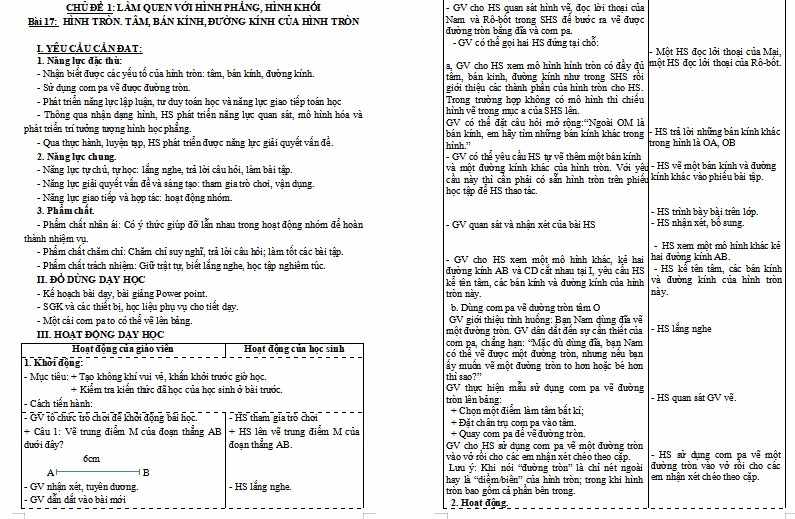 Bài 17: Hình tròn. Tâm, bán kính, đường kính của hình tròn