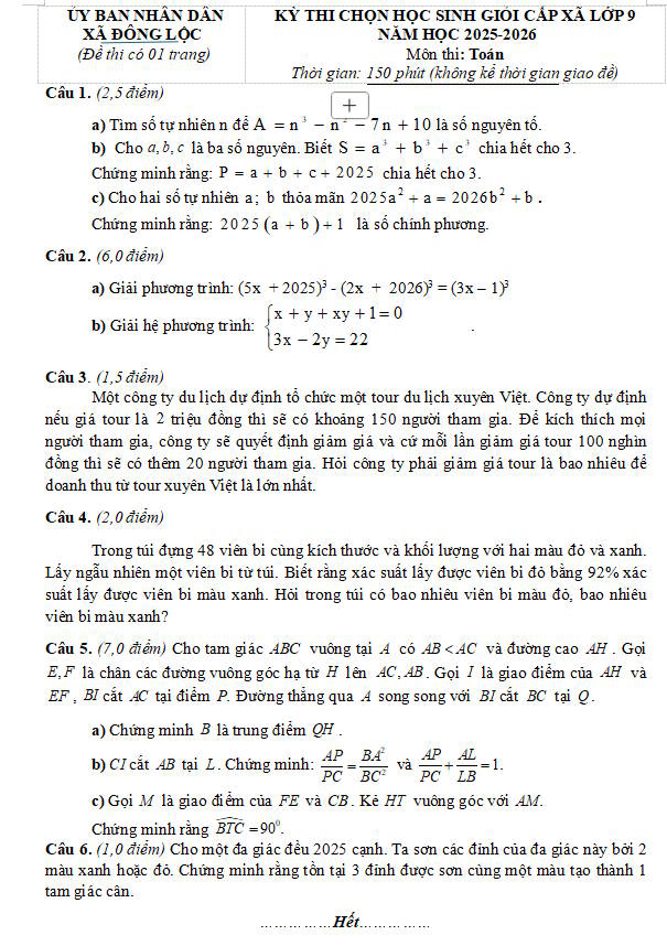 Đề chọn học sinh giỏi Toán 9 xã Đông Lộc – Nghệ An năm 2025 – 2026 có đáp án