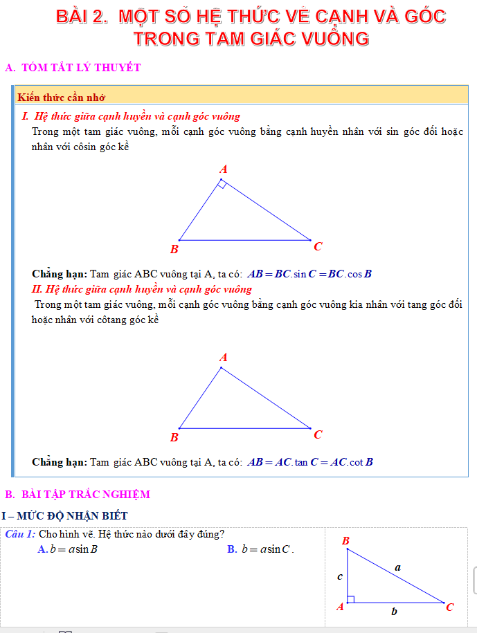 Phiếu bài tập Toán 9 chủ đề Tỉ số lượng giác của góc nhọn có đáp án