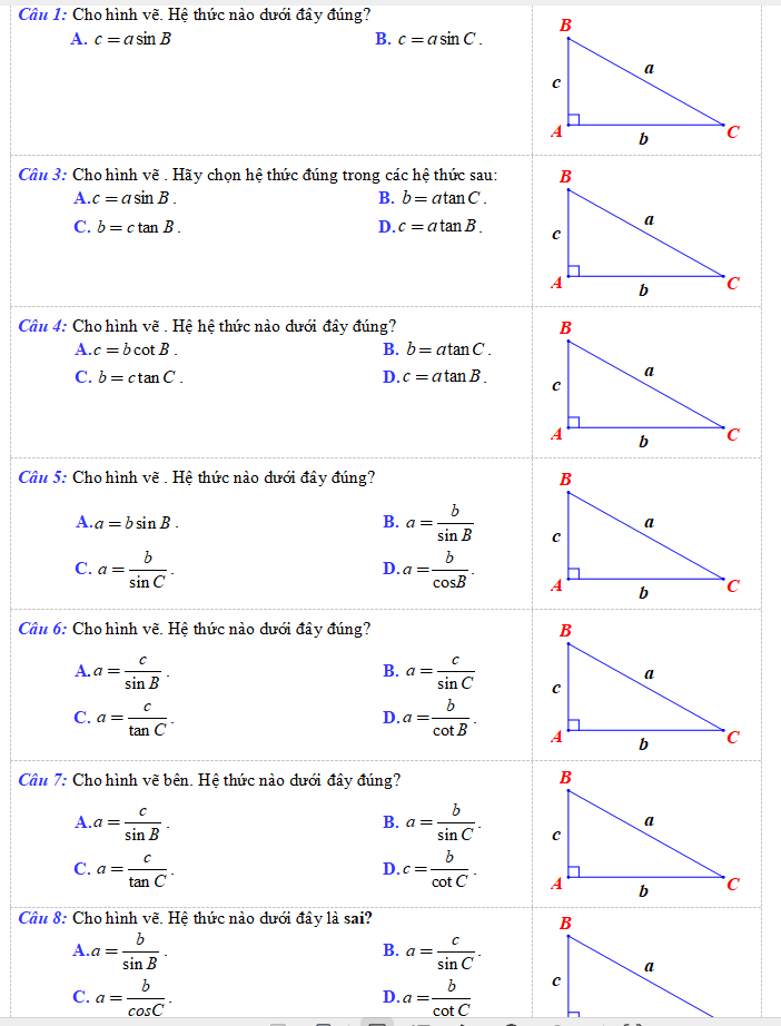 Phiếu bài tập Toán 9 chủ đề Tỉ số lượng giác của góc nhọn có đáp án