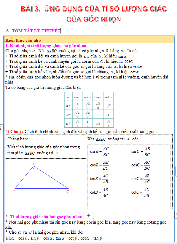Phiếu bài tập Toán 9: Ứng dụng của tỉ số lượng giác của góc nhọn