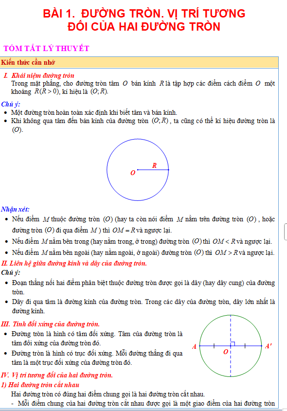 Phiếu bài tập Toán 9: Đường tròn, vị trí tương đối của hai đường tròn