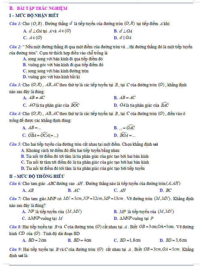 Phiếu bài tập Toán 9: Tiếp tuyến của đường tròn