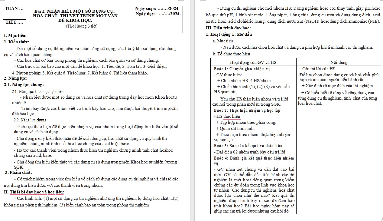 Giáo án Khoa học tự nhiên 9 KNTT Bài 1