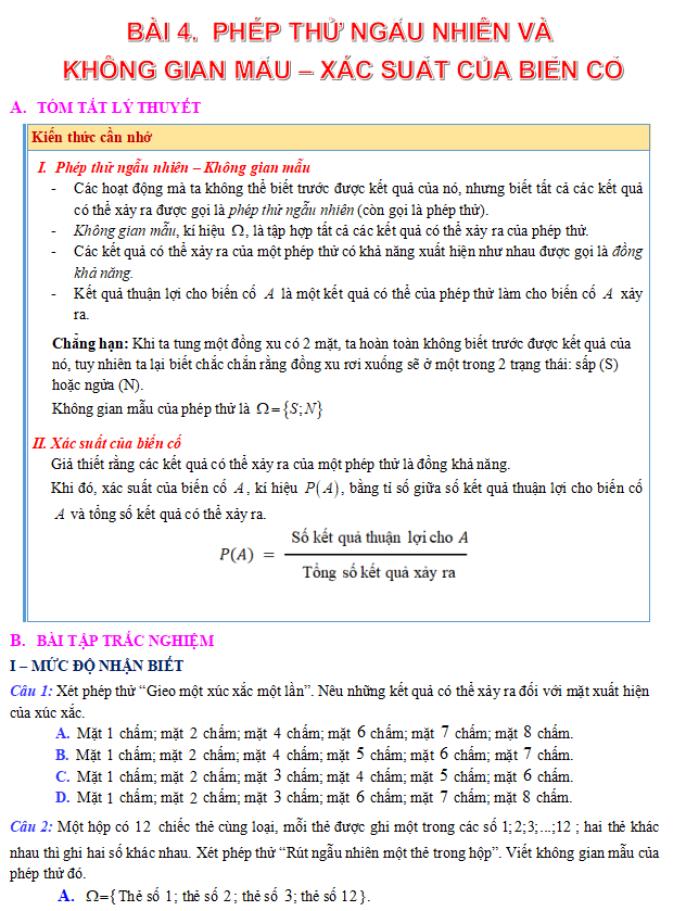 Phép thử ngẫu nhiên và không gian mẫu, xác suất của biến cố