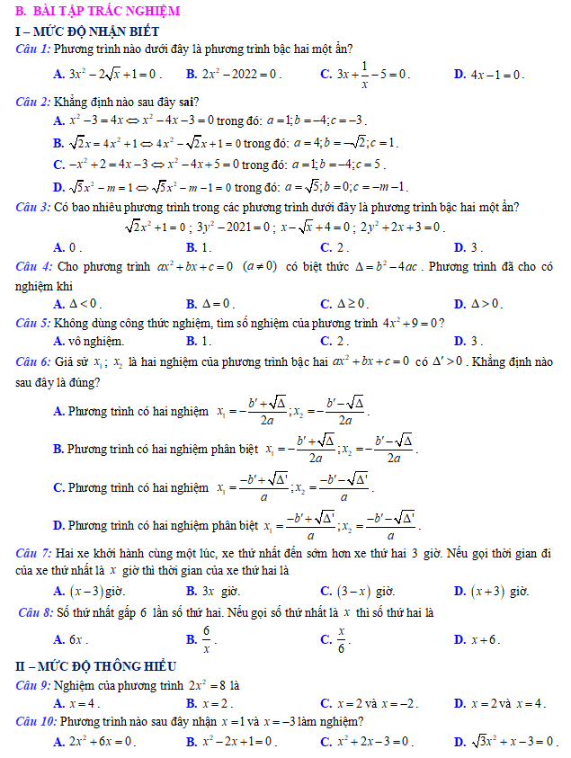 Phiếu bài tập Toán 9: Phương trình bậc hai một ẩn