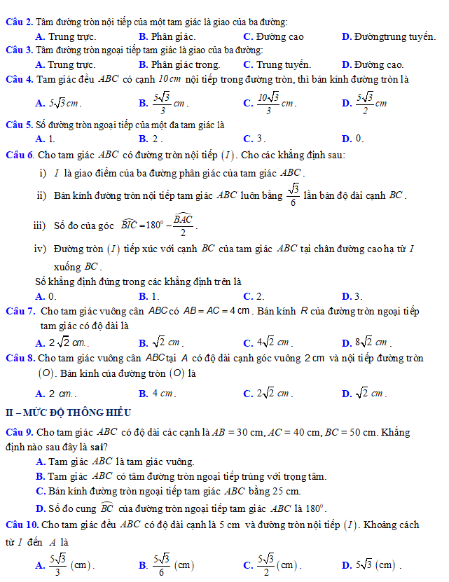 Đường tròn ngoại tiếp tam giác, đường tròn nội tiếp tam giác có đáp án