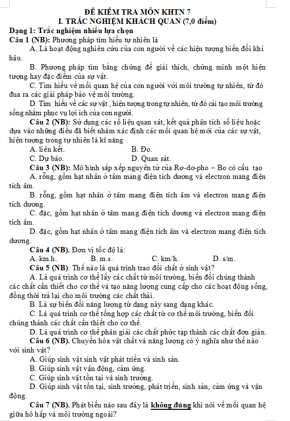 Đề kiểm tra giữa kì 1