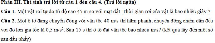 Đề thi Giữa học kì 1 môn Vật lý lớp 10