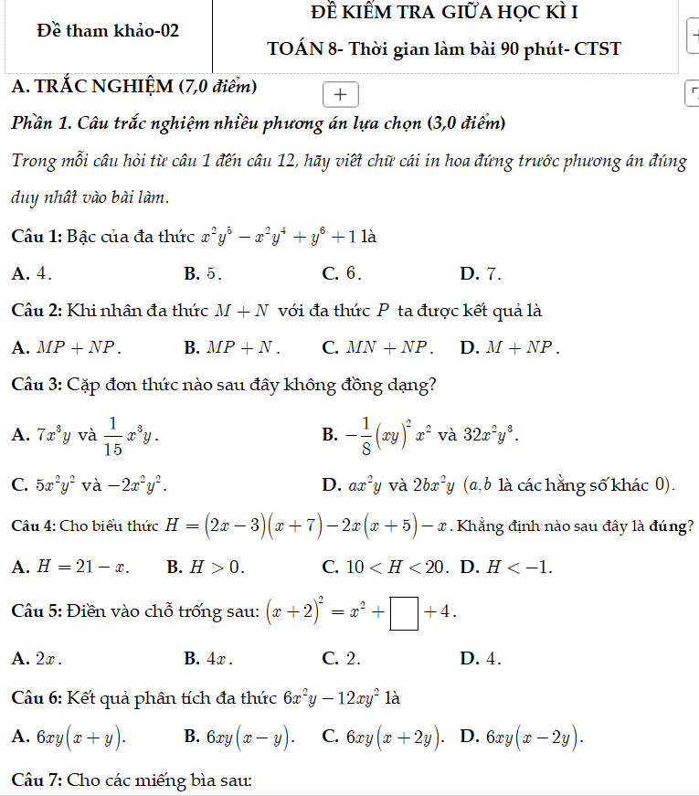 Đề thi giữa học kì I Toán 8 CTST đề 3 cấu trúc mới năm 2025-2026