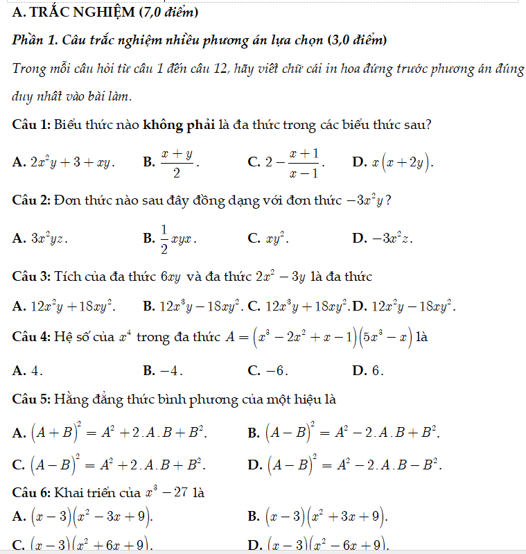 Đề thi giữa học kì I Toán 8 CTST đề 3 cấu trúc mới năm 2025-2026
