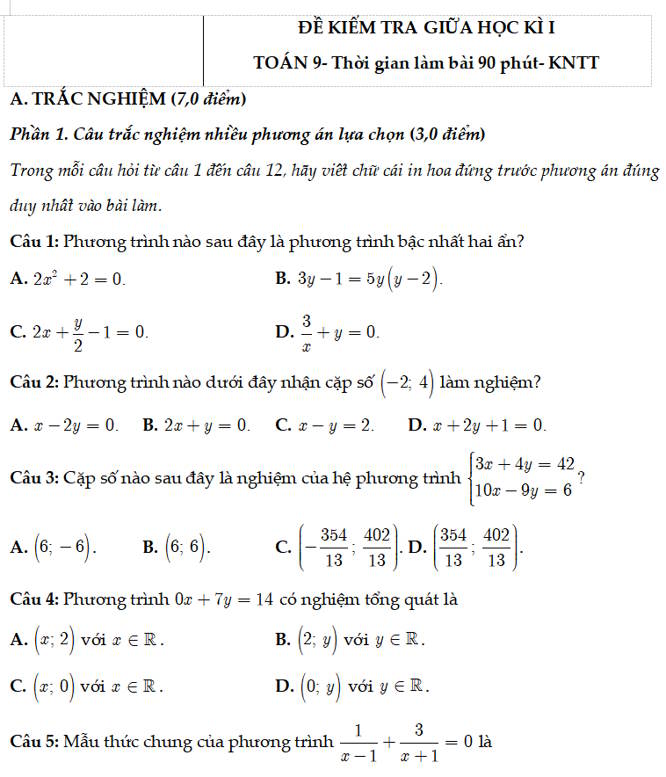 Đề thi giữa kì 1 Toán 9 Kết nối tri thức