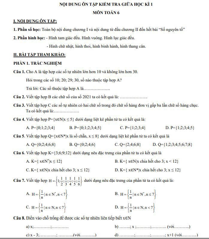 Đề cương giữa kỳ 1 Toán 6 năm 2025 – 2026 trường THCS Thành Công – Hà Nội