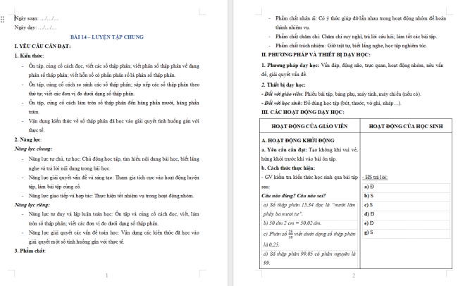 Giáo án dạy thêm Toán 5 Bài 14: Luyện tập chung