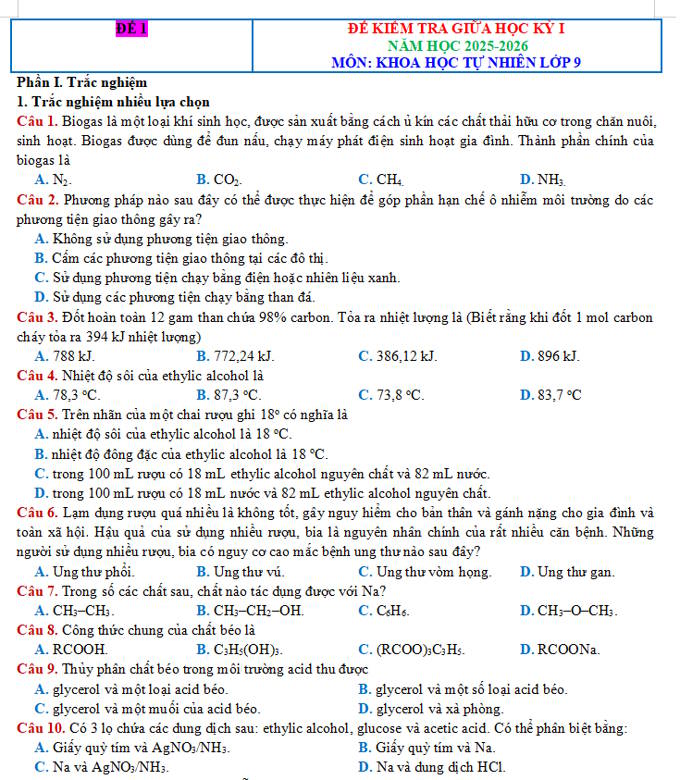 Đề thi giữa học kì 1 môn KHTN 9 