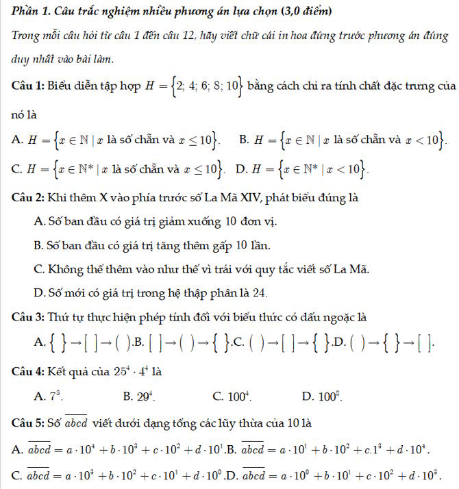 Đề thi giữa học kì I Toán 6 CTST cấu trúc mới số 1