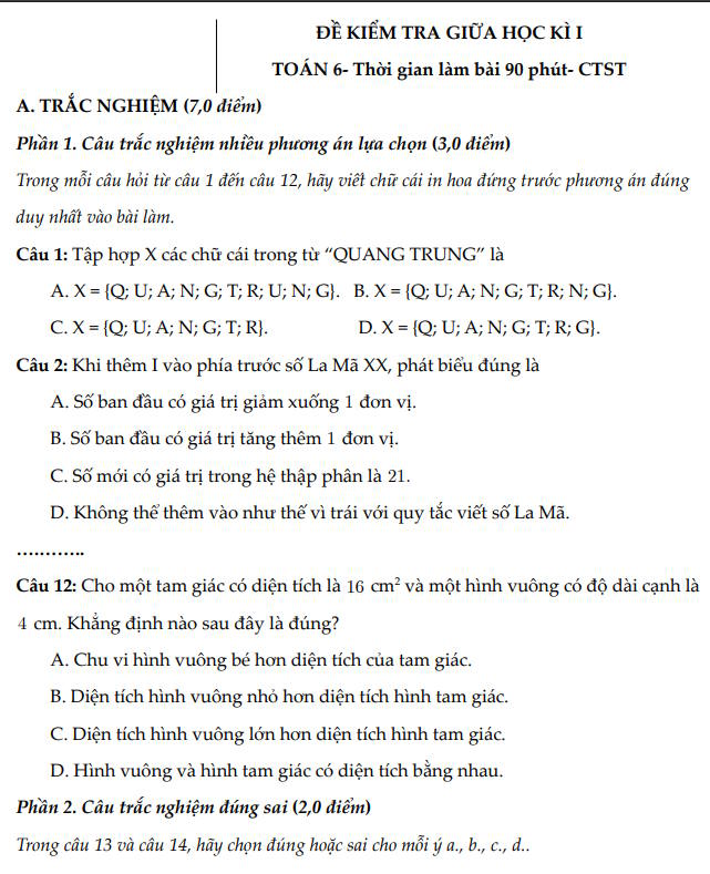 Đề thi giữa học kì I Toán 6 CTST cấu trúc mới số 5