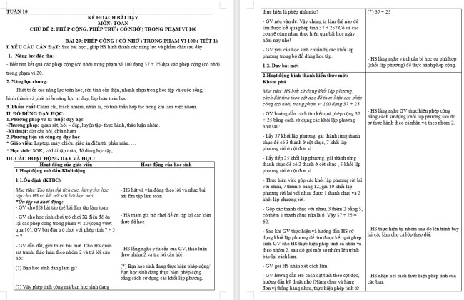 Giáo án Toán 2: Phép cộng (có nhớ) trong phạm vi 100