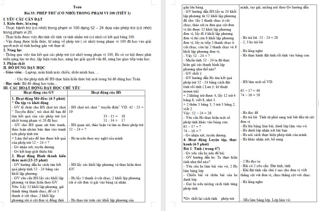 Giáo án Toán 2: Phép trừ (có nhớ) trong phạm vi 100