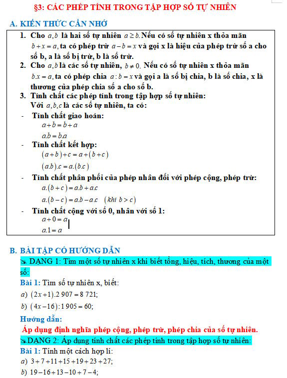 Các phép tính trong tập hợp số tự nhiên