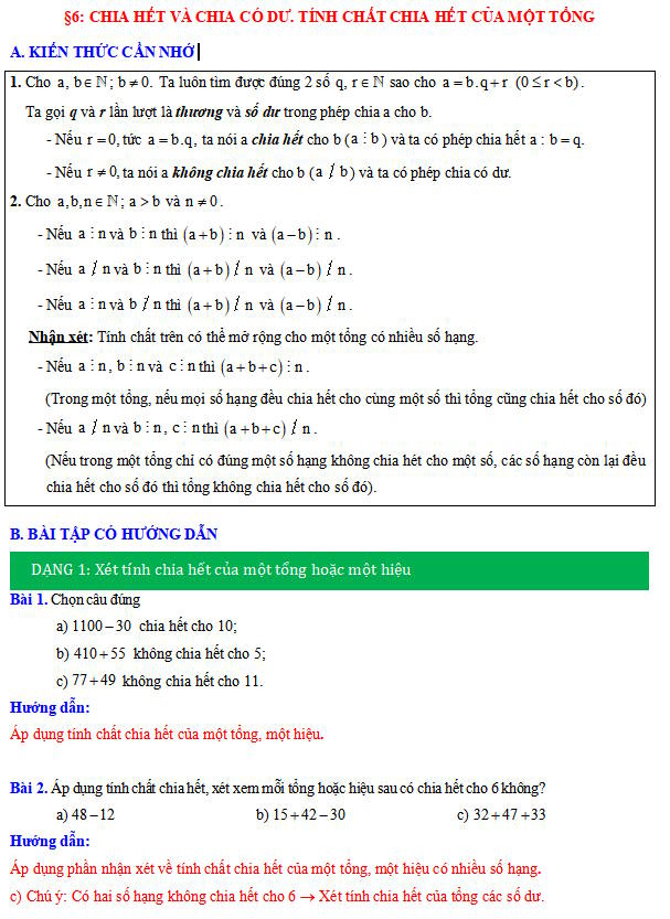 Phiếu bài tập Toán 6 CTST bài 6: Chia hết và chia có dư, tính chất chia hết của một tổng