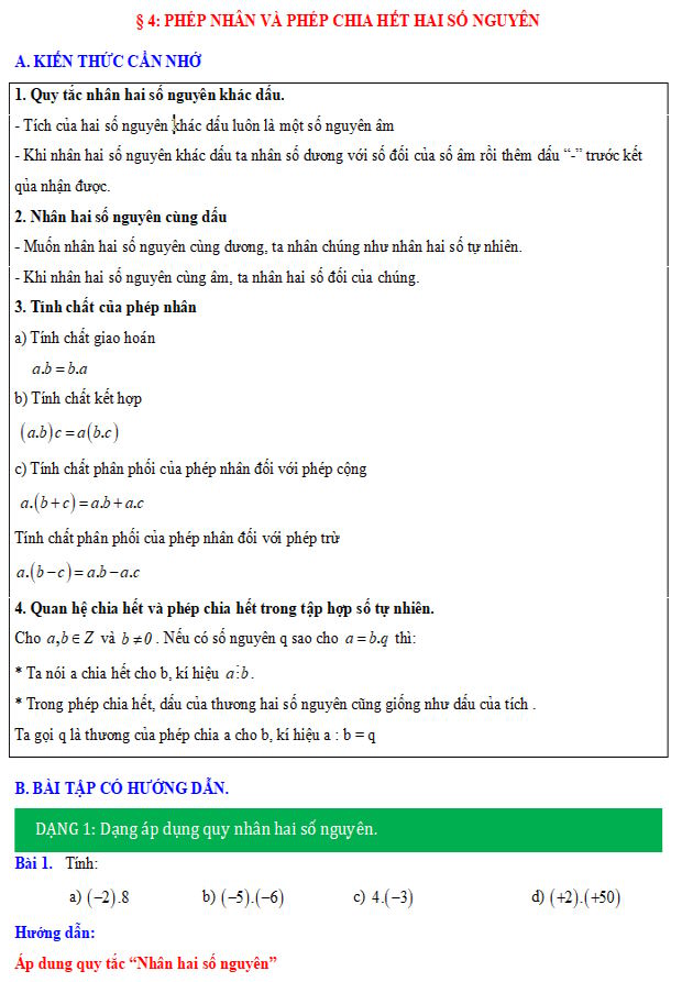 Phép nhân và phép chia hết hai số nguyên