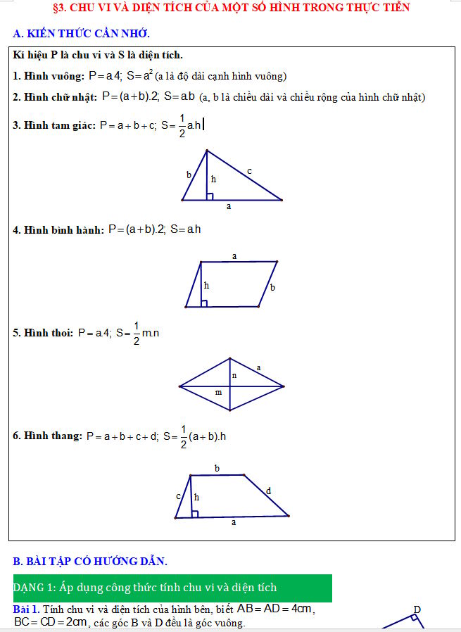 Chu vi và diện tích của một số hình trong thực tiễn