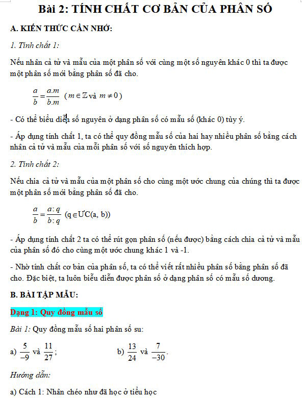 Tính chất cơ bản của phân số