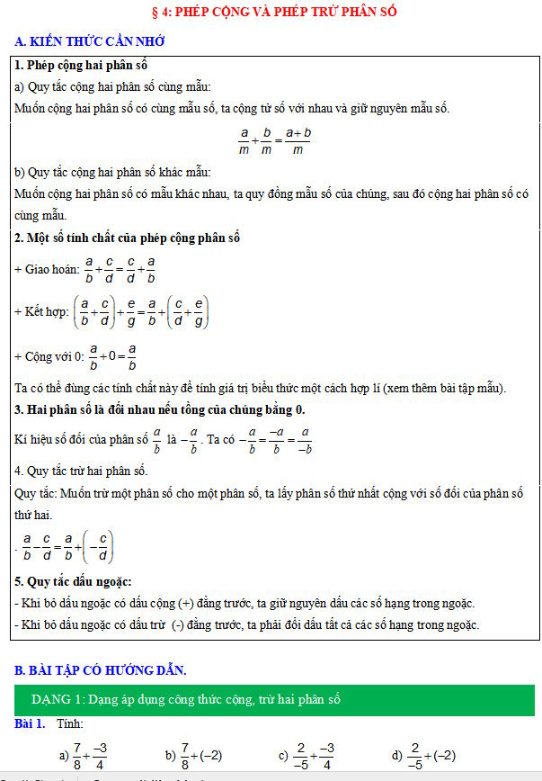 Phép cộng và phép trừ phân số