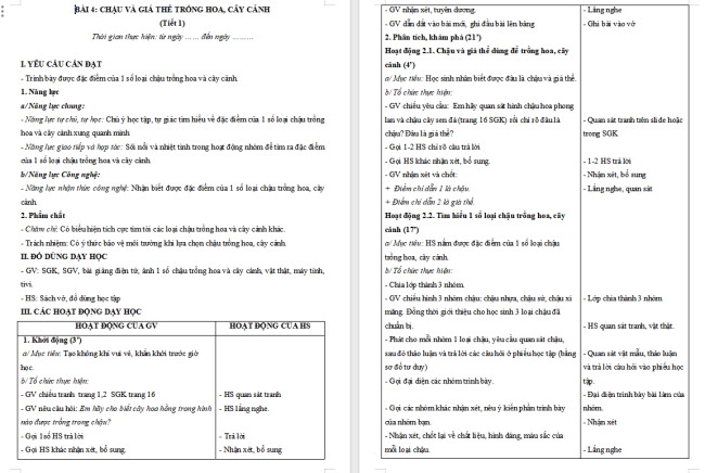 Giáo án Công nghệ 4 Bài 4: Chậu và giá thể trồng hoa, cây cảnh