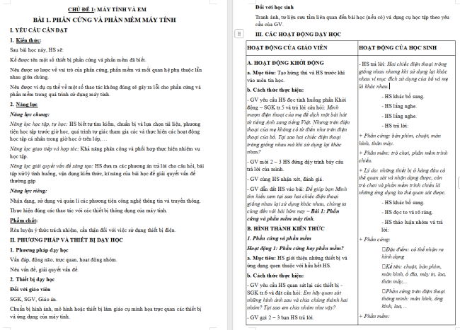 Giáo án Tin học 4 Bài 1: Phần cứng và phần mềm máy tính