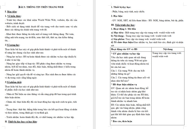 Giáo án Tin học 4 Bài 3: Thông tin trên trang web