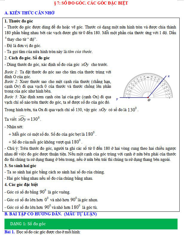 Phiếu bài tập Toán 6 CTST: Số đo góc, các góc đặc biệt