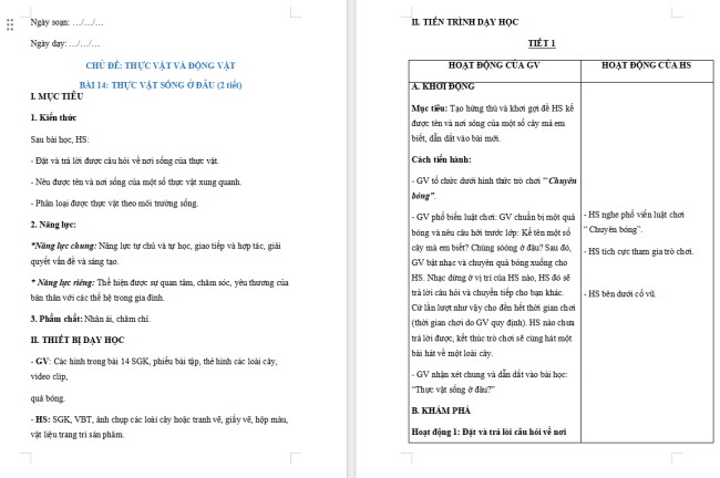 Giáo án Tự nhiên và xã hội 2 Bài 14: Thực vật sống ở đâu