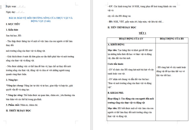 Giáo án Tự nhiên và xã hội 2 Bài 16: Bảo vệ môi trường sống của thực vật và động vật