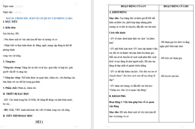 Giáo án Tự nhiên và xã hội 2 Bài 20: Chăm sóc, bảo vệ cơ quan vận động