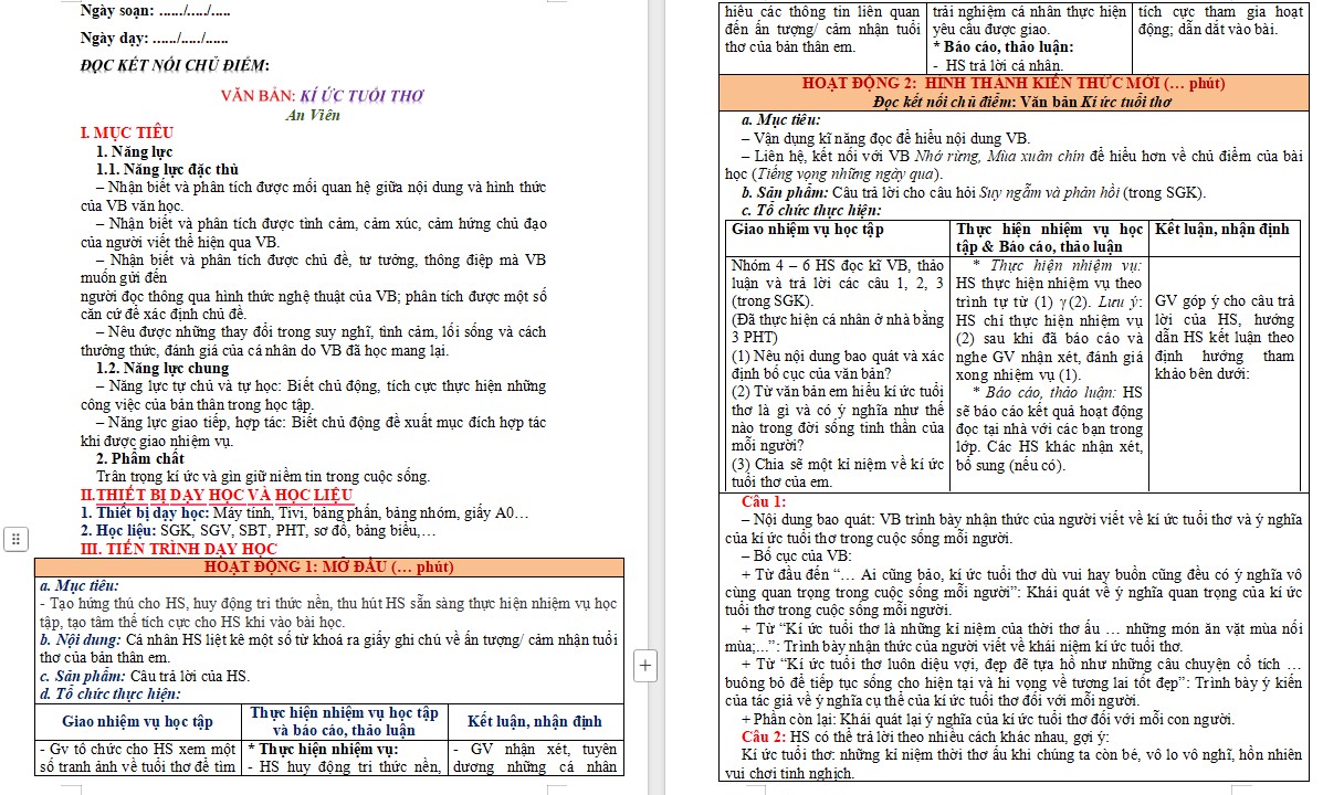 KHBD Ngữ văn 9 Bài Kí ức tuổi thơ CTST 