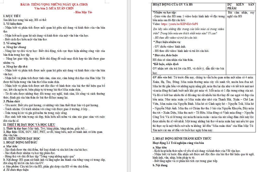 KHBD Ngữ văn 9 Bài Mùa xuân chín CTST 