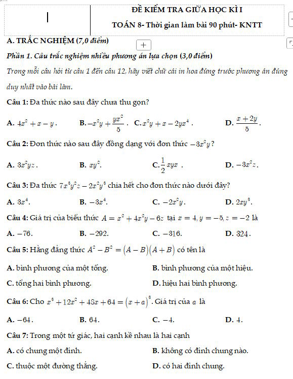 Đề thi giữa học kì 1 toán 8