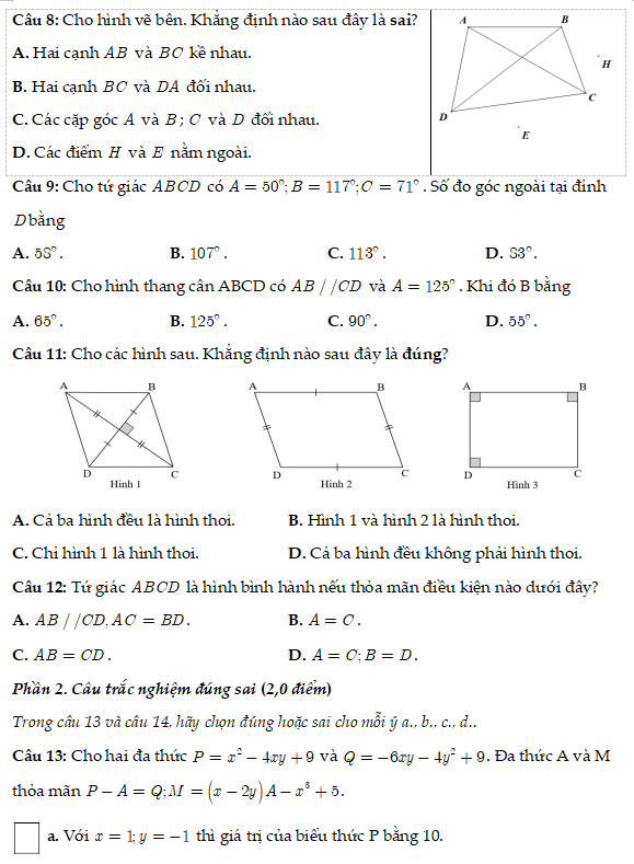 Đề thi giữa học kì 1 toán 8