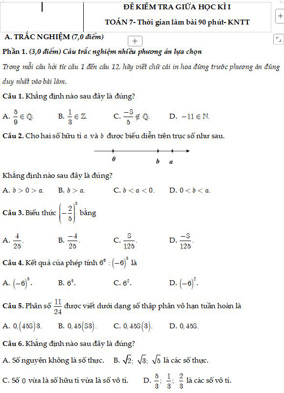 Đề thi giữa học kì I Toán 7 Kết nối tri thức